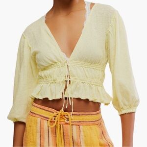 Free People Yellow Linen Blend Tie Front Top, Women's Size L